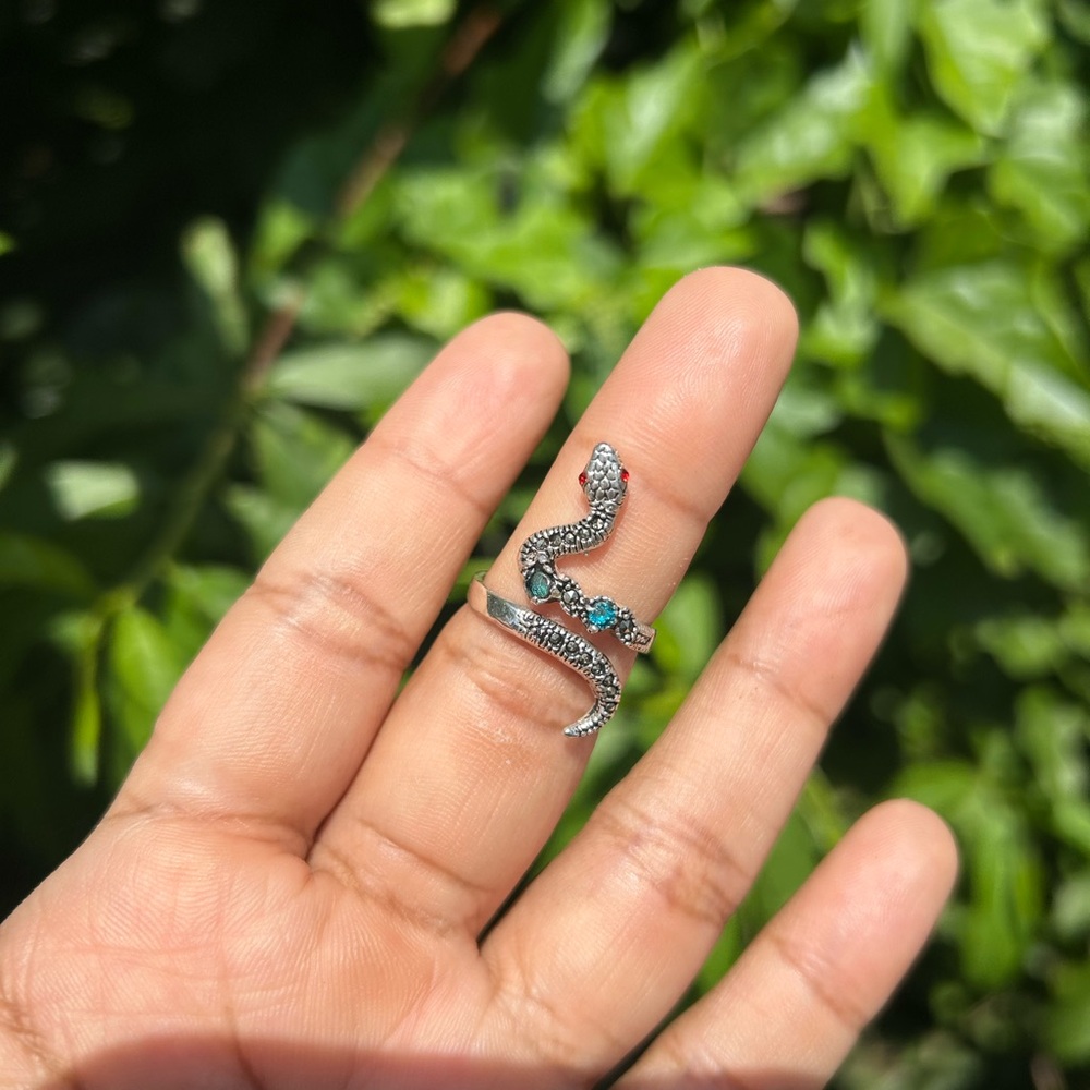 Silver Snake Ring with Blue Accents